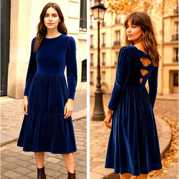 Sezane Vintage 6 Romantic Velvet BOWTIE Midi Dress Long Sleeve Fit Flare Blue - Picture 1 of 8